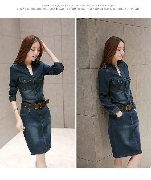 Slimming Women's Denim Dress Medium Length Short Sleeves Smooth Silhouette